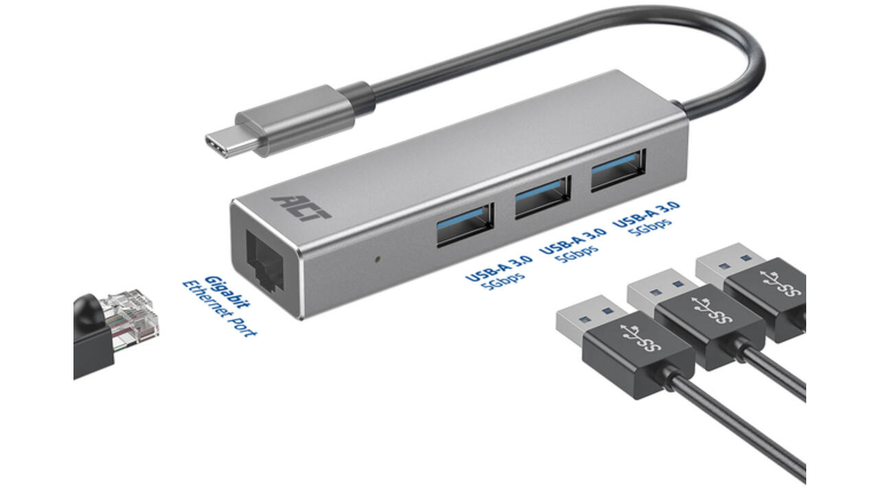 Hub ACT USB-C 3.0 3x USB-A Gigabit ethernet