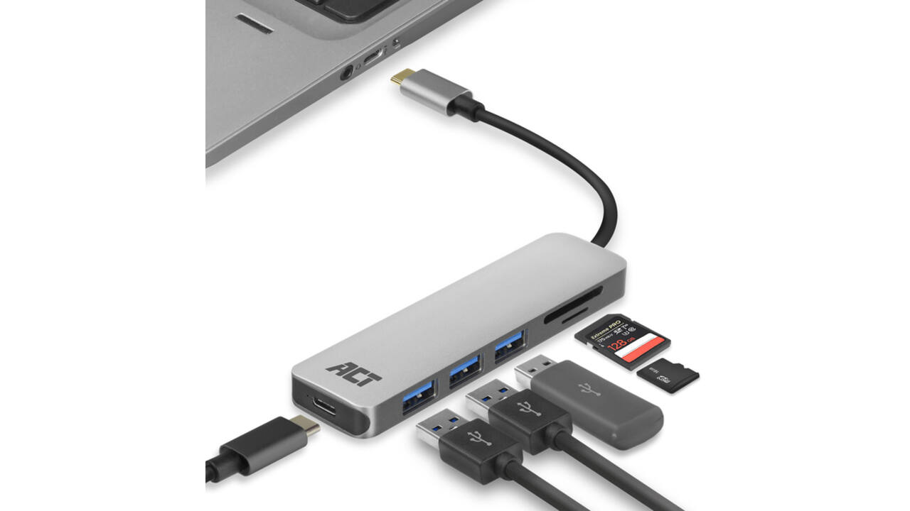 Hub ACT USB-C 3.0, 3x USB-A cardreader PD p-through