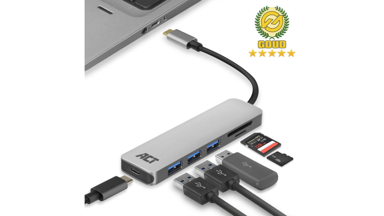 Hub ACT USB-C 3.0, 3x USB-A cardreader PD p-through