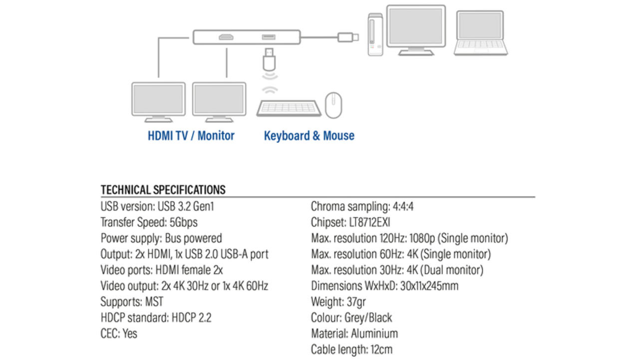 Adapter ACT USB-C 4K multiport voor 2 HDMI monitoren