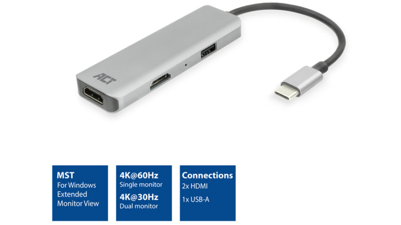 Adapter ACT USB-C 4K multiport voor 2 HDMI monitoren