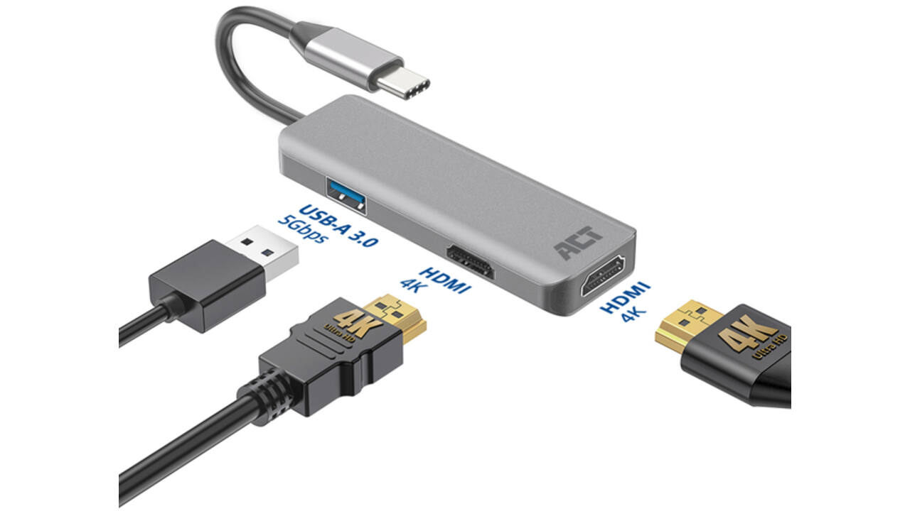 Adapter ACT USB-C 4K multiport voor 2 HDMI monitoren