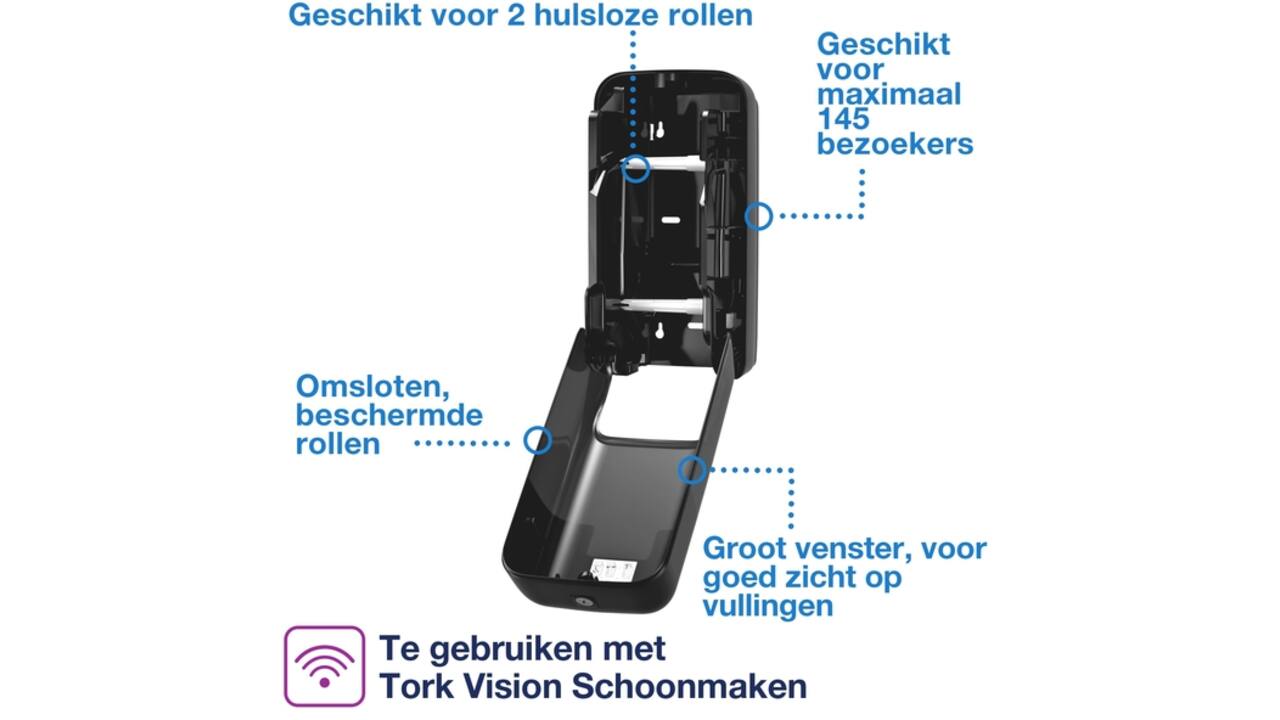 Toiletpapierdispenser Tork T7 Elevation OptiServe Coreless medium verticaal duo zwart 558042