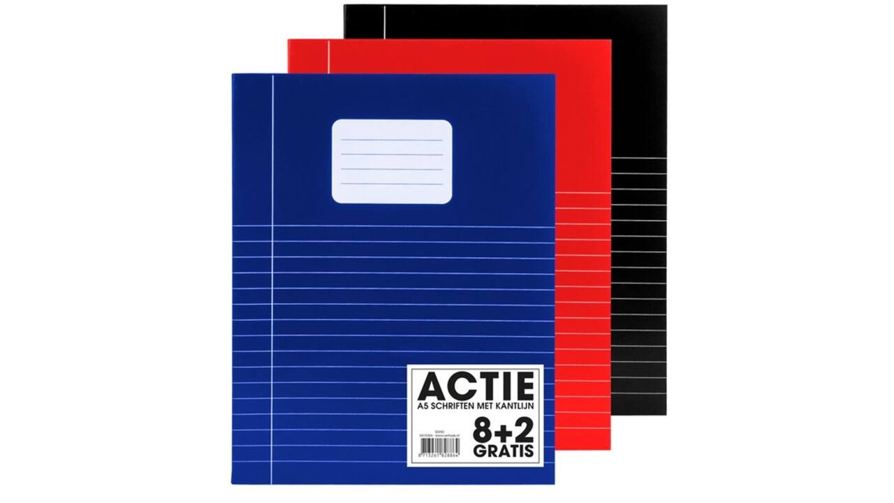 Schrift SOHO Basic A5 lijn 80 pagina's 70gr assorti 8+2 gratis