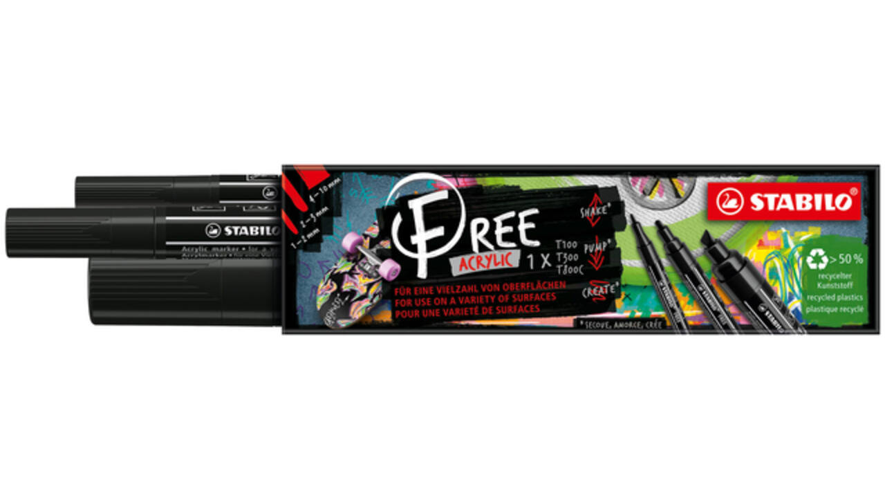 Acrylmarker STABILO Free Acrylic Mixed Tip set à 3 breedtes zwart