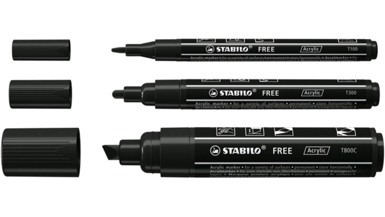 Acrylmarker STABILO Free Acrylic Mixed Tip set à 3 breedtes zwart