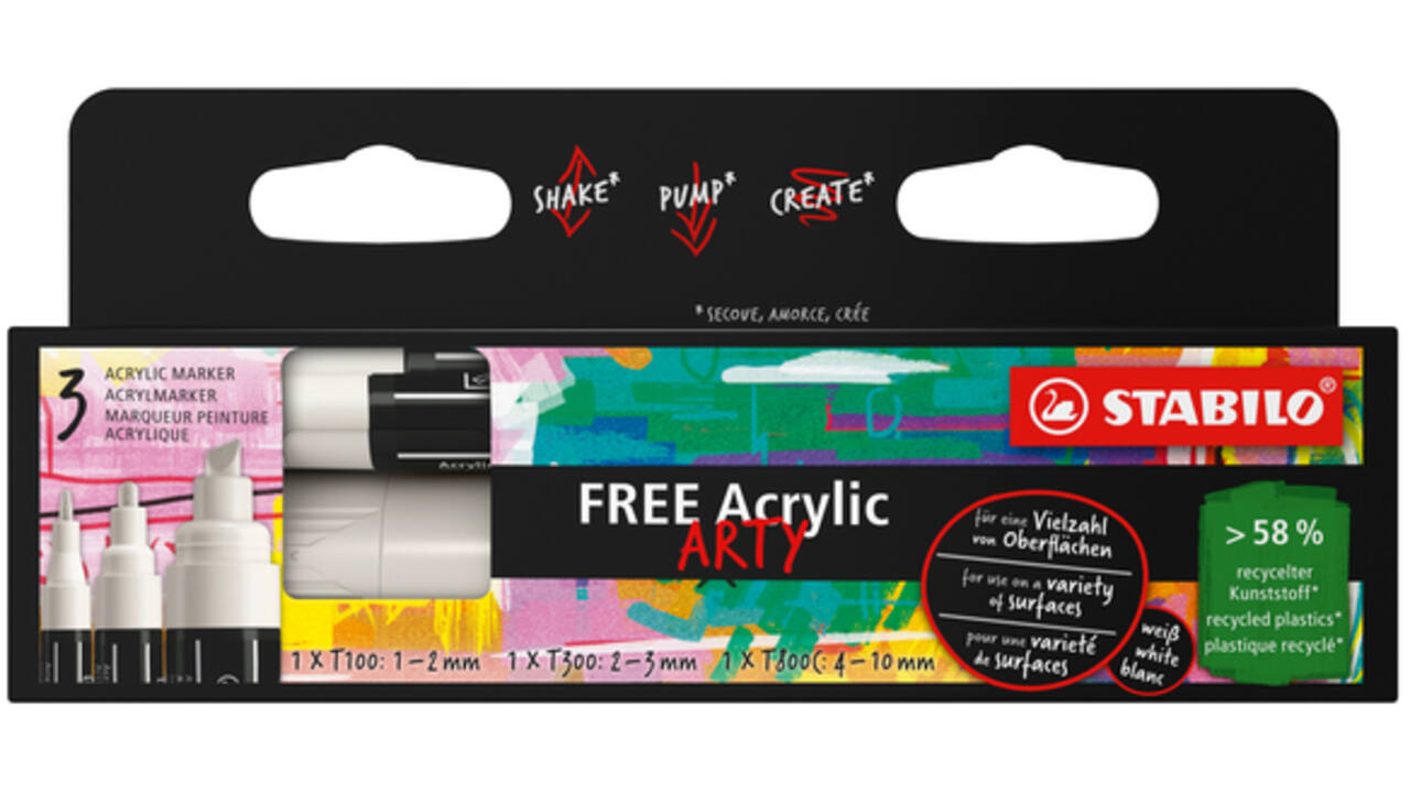 Acrylmarker STABILO Free Acrylic Mixed Tip set à 3 breedtes wit