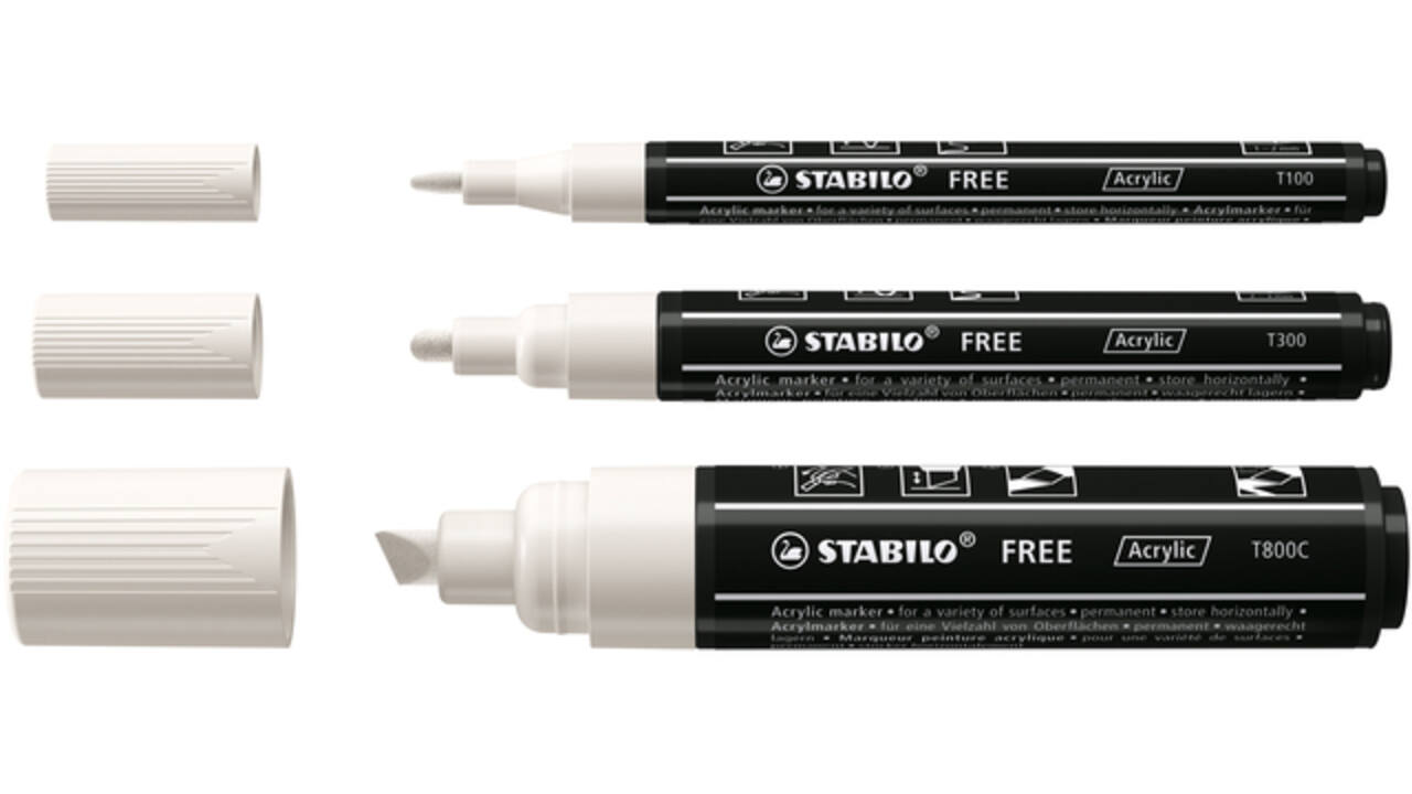 Acrylmarker STABILO Free Acrylic Mixed Tip set à 3 breedtes wit