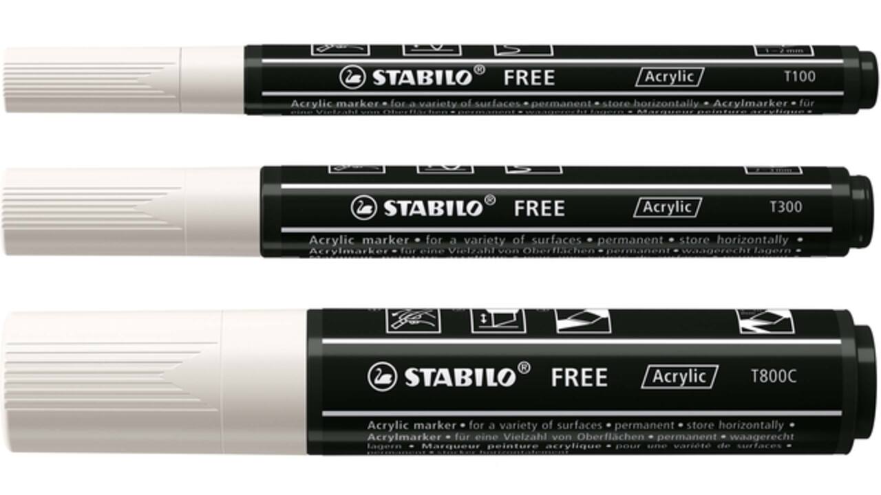 Acrylmarker STABILO Free Acrylic Mixed Tip set à 3 breedtes wit