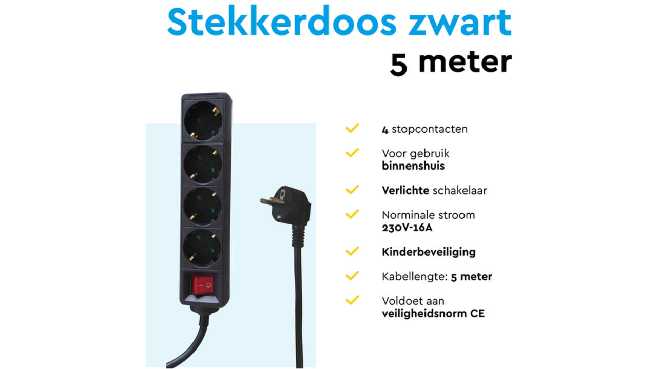 Stekkerdoos BRASQ 4 voudig 5 meter zwart