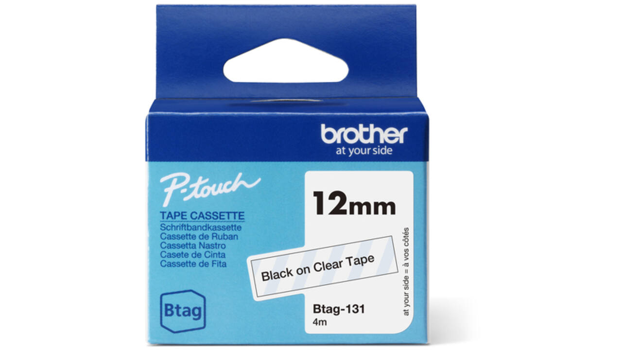 Labeltape Brother P-touch Btag-131 standaard 12mm zwart op transparant