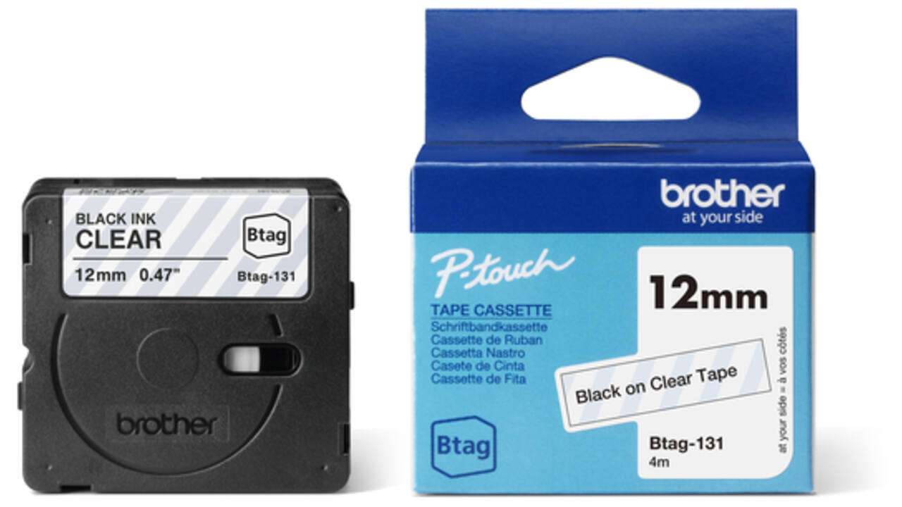 Labeltape Brother P-touch Btag-131 standaard 12mm zwart op transparant