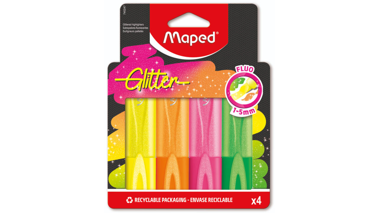 Markeerstift Maped Glitter set à 4 fluoriserende kleuren