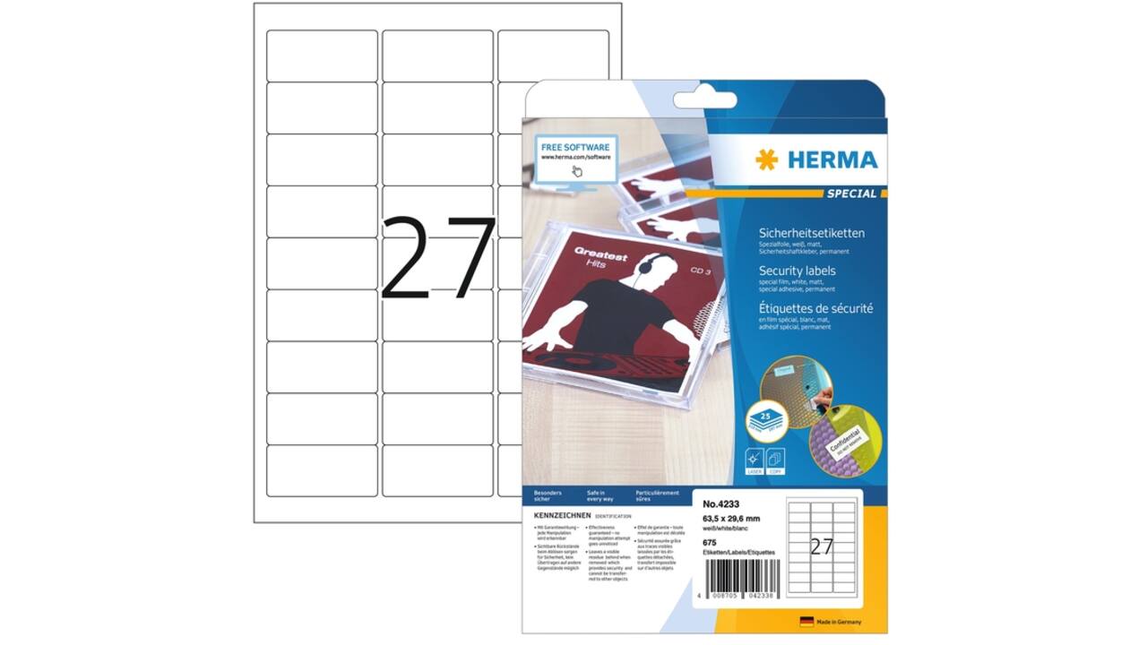 Veiligheidsetiket HERMA 4233 63.57x29.6mm wit 675 etiketten