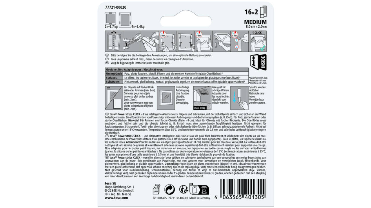 Kleefstip tesa&nbsp;Powerstrips&nbsp;Click Medium 16 paar wit