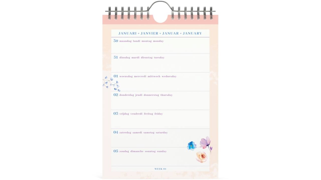 Weekkalender 2026 Lannoo 155x220 Flowers watercolour 7dagen/1pagina roze