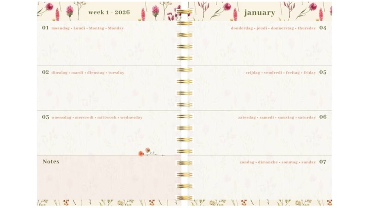 Agenda 2026 Lannoo 120x160 Flowers bouquet 7dagen/2pagina's roze