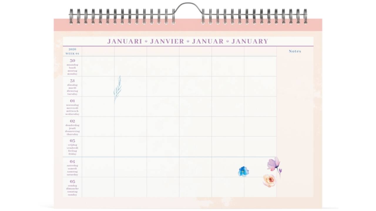 Familiekalender 2026 Lannoo 310x220 Flowers watercolour 7dag/1pag lila