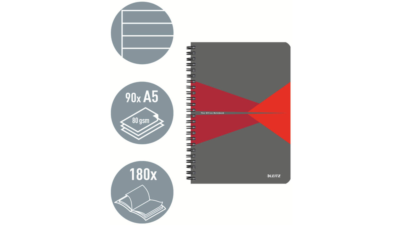 Notitieboek Leitz Office A5 lijn 180 pagina's 80gr grijs rood