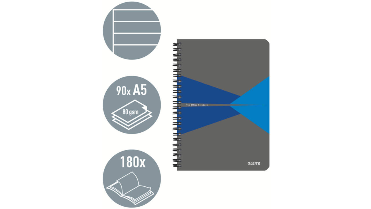 Notitieboek Leitz Office A5 lijn 180 pagina's 80gr grijs blauw