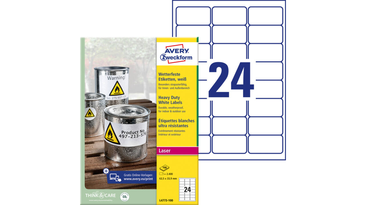 Etiket Avery Zweckform L4773-100 63.5x33.9 2400 etiketten