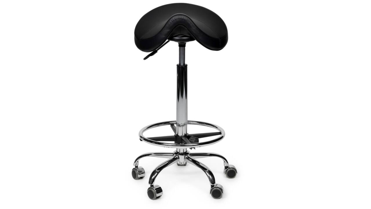 Zadelkruk Office Premium hoog met voetring harde wielen zw