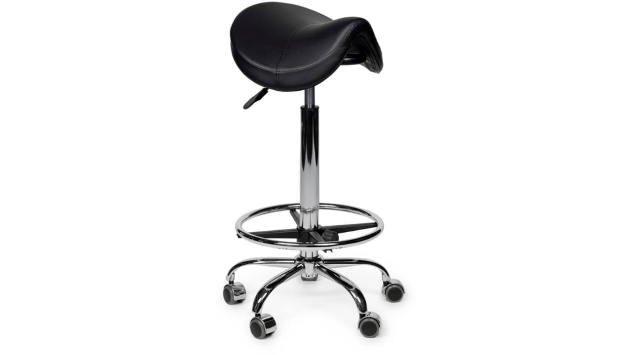 Zadelkruk Office Premium hoog met voetring harde wielen zw