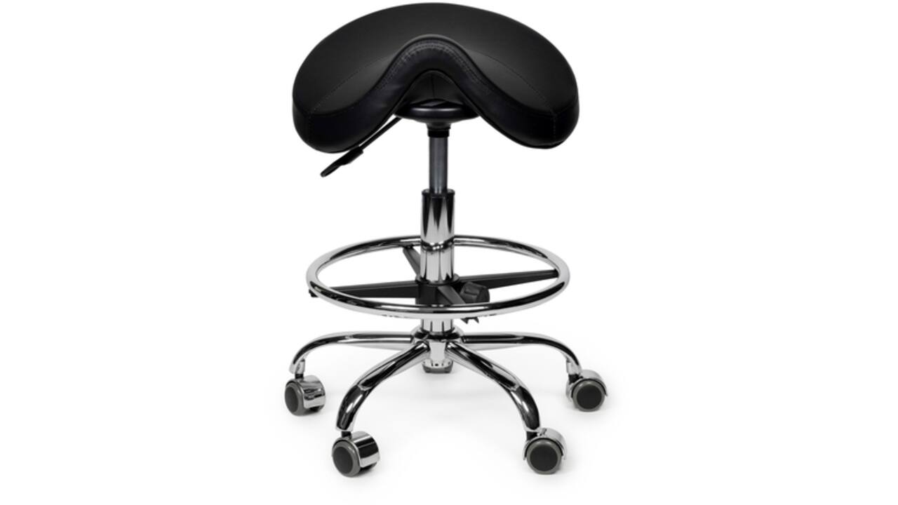 Zadelkruk Office Premium laag met voetring harde wielen zw