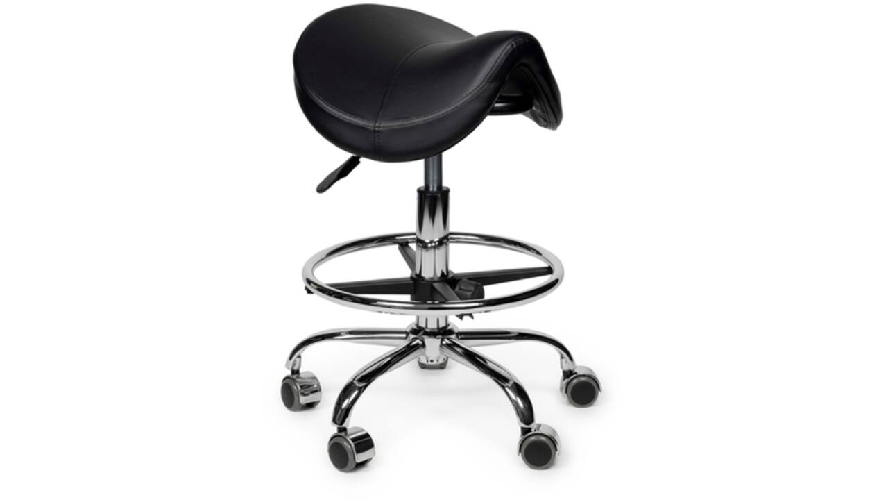 Zadelkruk Office Premium laag met voetring harde wielen zw