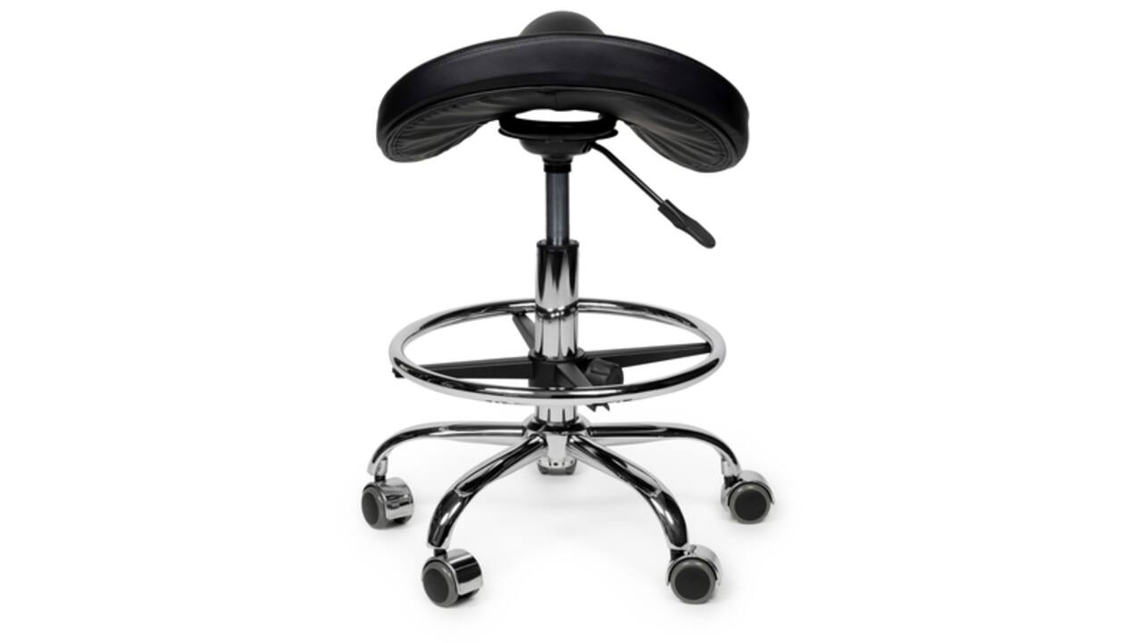 Zadelkruk Office Premium laag met voetring harde wielen zw