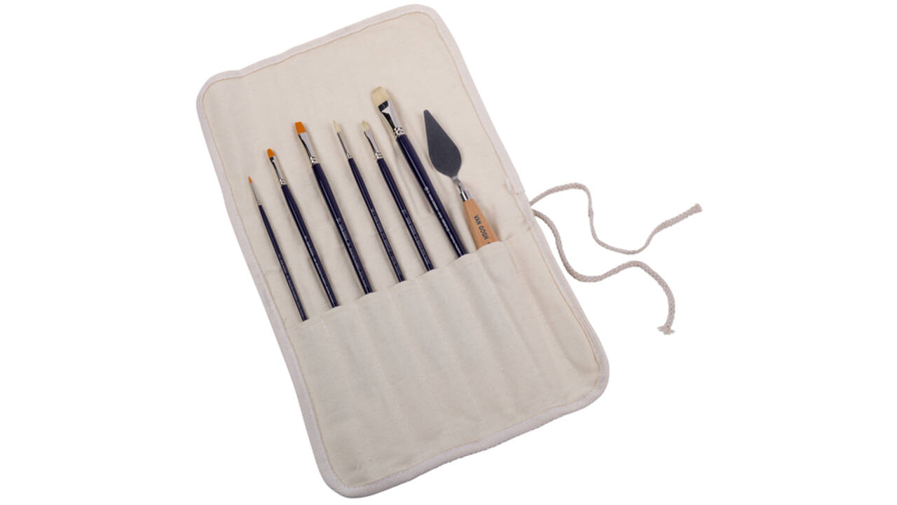 Olie en Acryl penselenset Talens Van Gogh etui met 6 penselen en schildersmes wit
