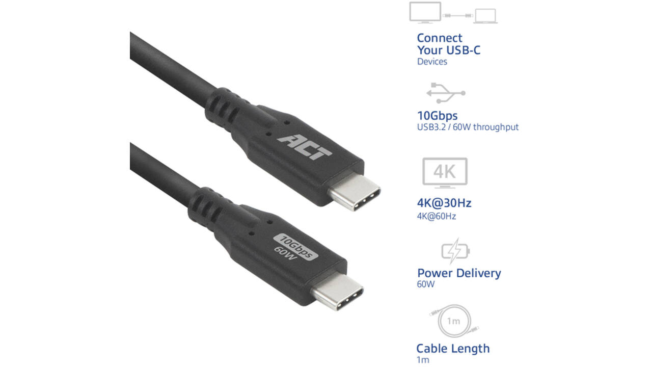 Kabel ACT USB-C 3.0 10Gbps 60W USB 1 meter