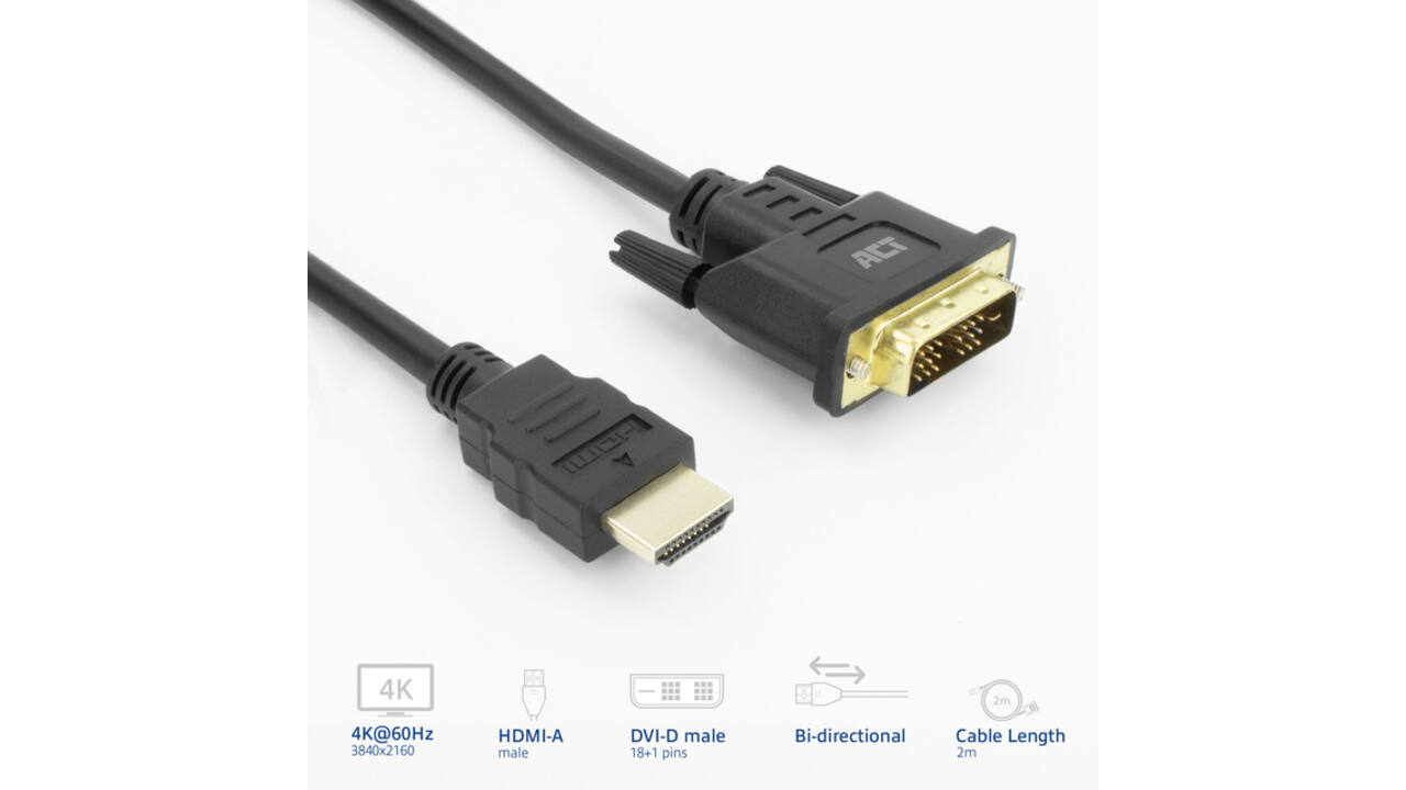 Kabel ACT HDMI DVI 18+1 pin M/M zwart 2 meter