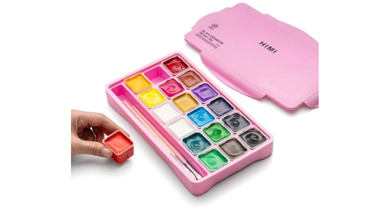 Gouache HIMI 18 kleuren 30gr opbergbox roze