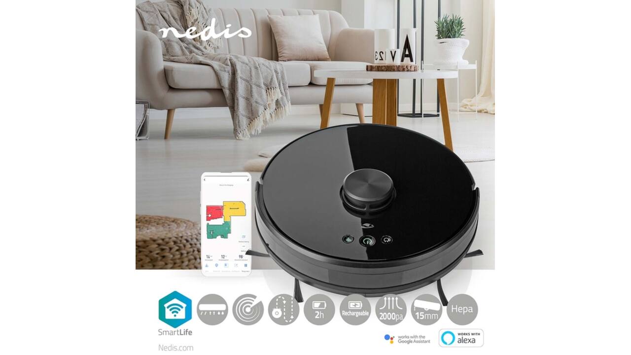 Robotstofzuiger Nedis Smartlife wifi laser 3-in-1 zwart