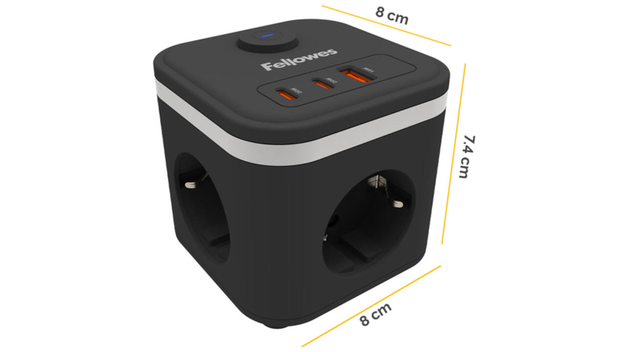 Stekkerblok Fellowes Power Cube F 3vdg 1xUSB A 2xUSB C 2 meter zwart