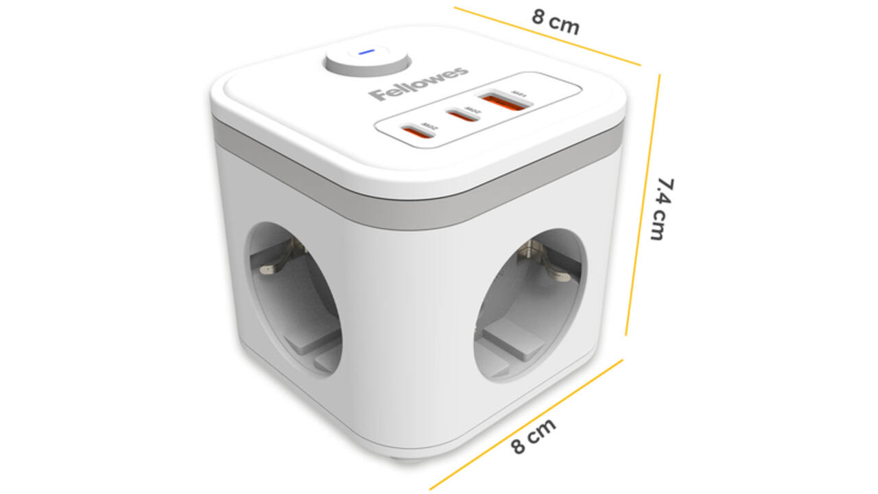 Stekkerblok Fellowes Power Cube F 3 voudig 1xUSB A 2xUSB C 2 meter wit