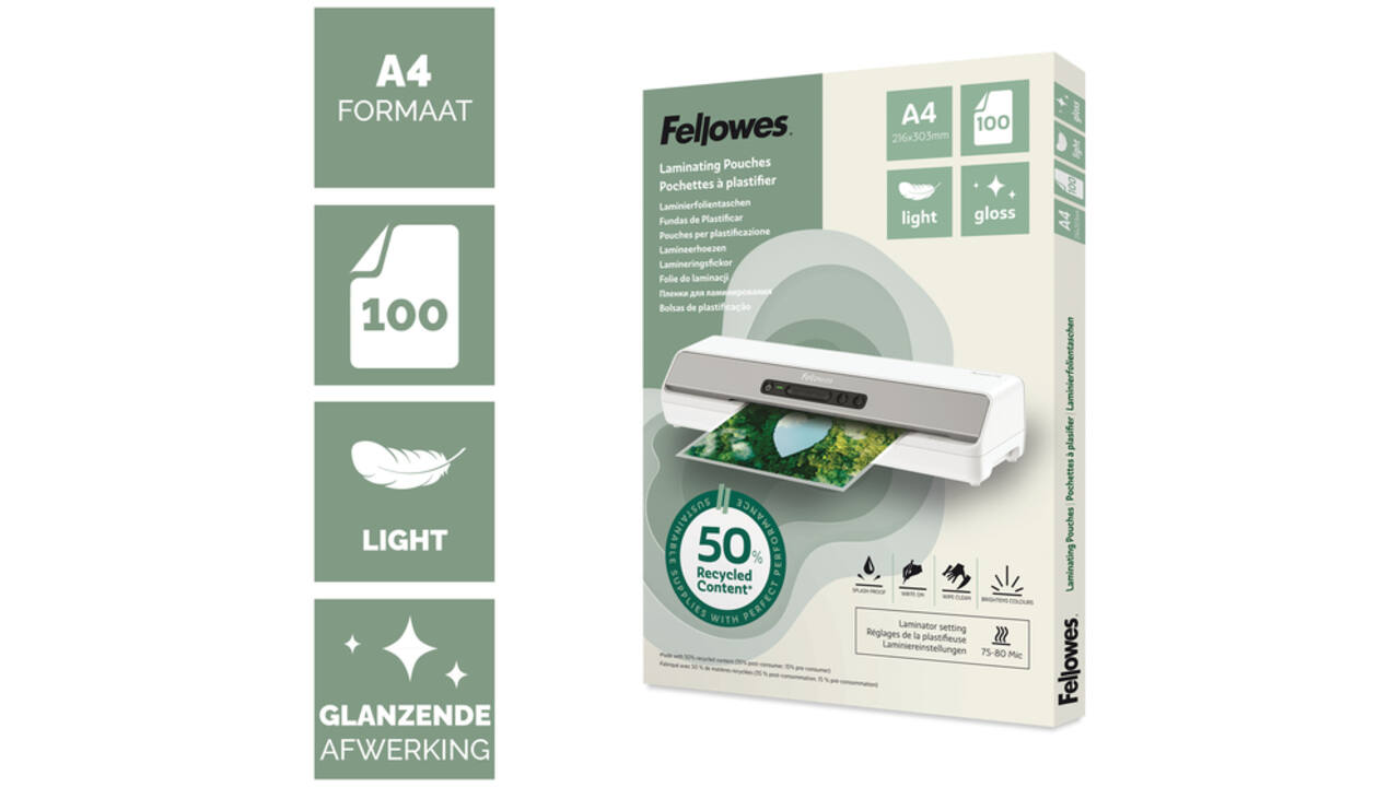 Lamineerhoes Fellowes A4 light 50% gerecycled glans 100stuks