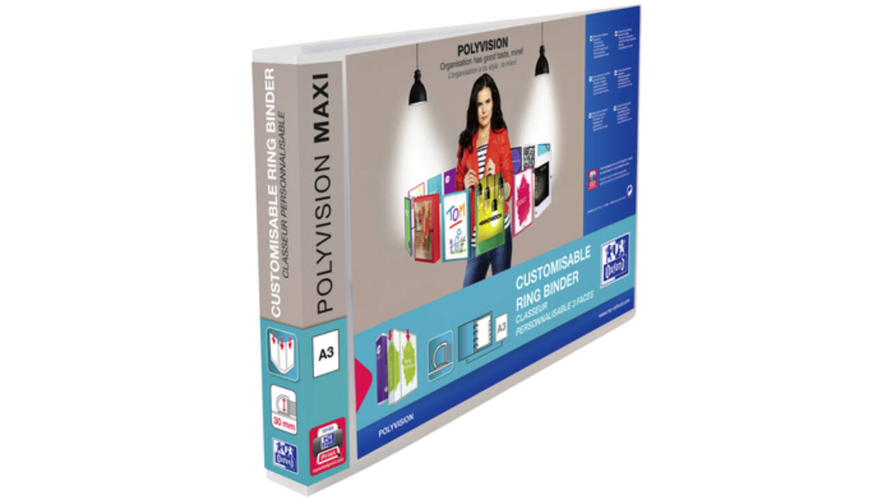 Presentatieringband Oxford Polyvision Maxi A3 dwars 4-rings D-mech 30mm transparant