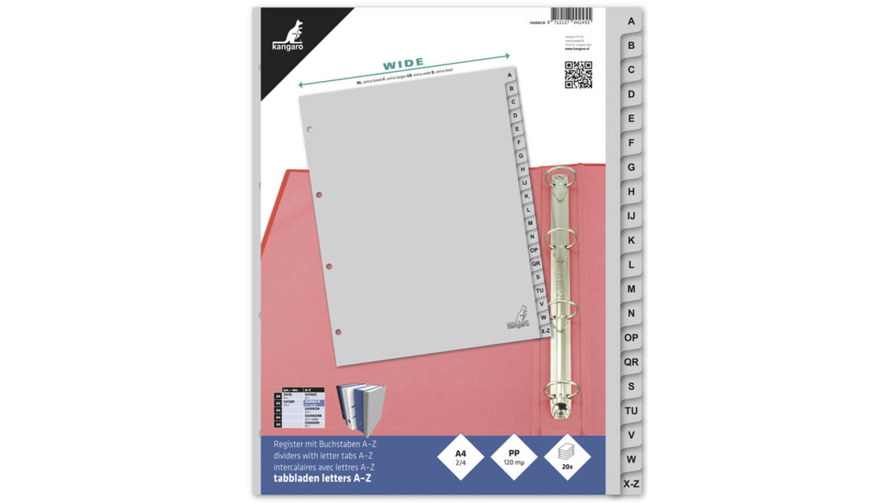 Tabbladen Kangaro A4 4-gaats 20-delig A-Z breed PP grijs