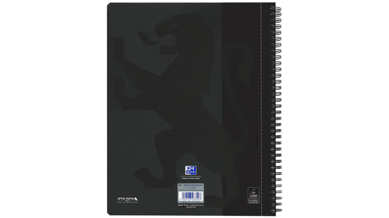 Collegeblok Oxford A4+ ruit 5x5mm 4-gaats 180 pagina's 80gr zwart