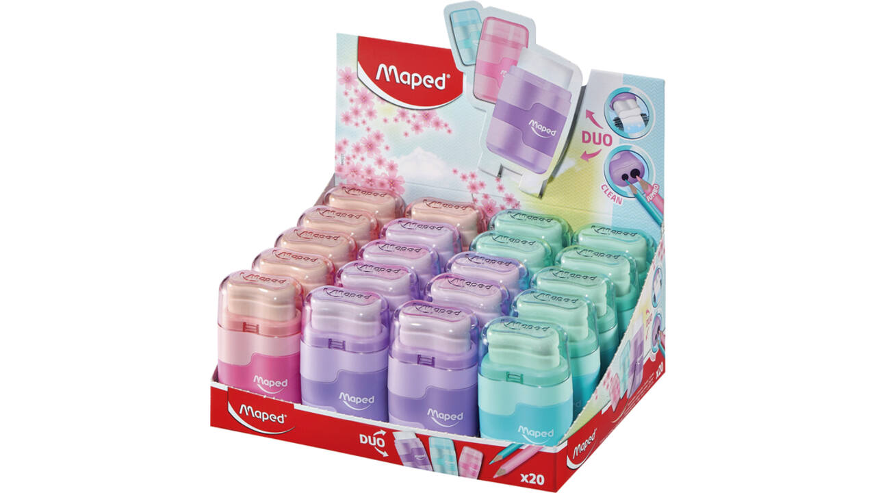 Puntenslijper Maped Connect 2gaats met gum display á 20 stuks pastel assorti