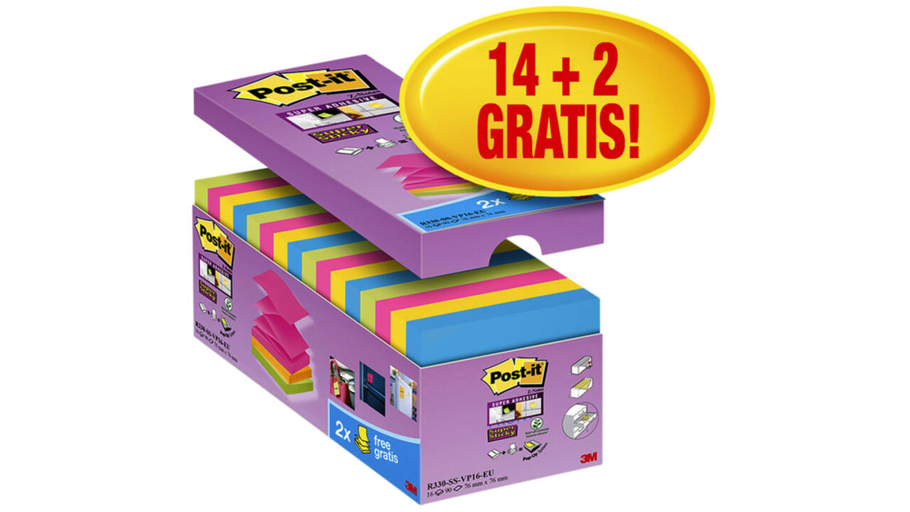 Memoblok Post-it Z-Note S330 Super Sticky 76x76mm 14+ 2 assorti
