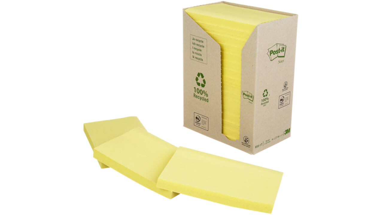 Memoblok Post-it 655 76x127mm recycled geel 16x100 vel