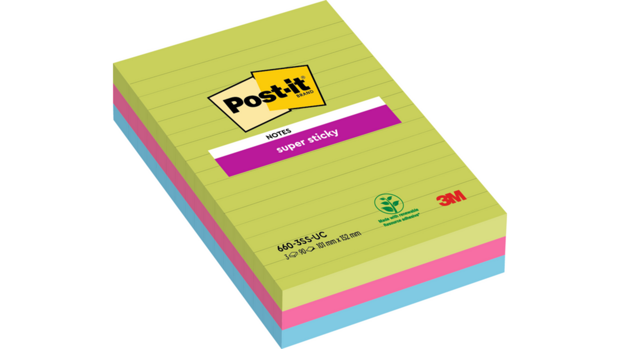 Memoblok Post-it 660 Super Sticky 102x152mm lijn rainbow