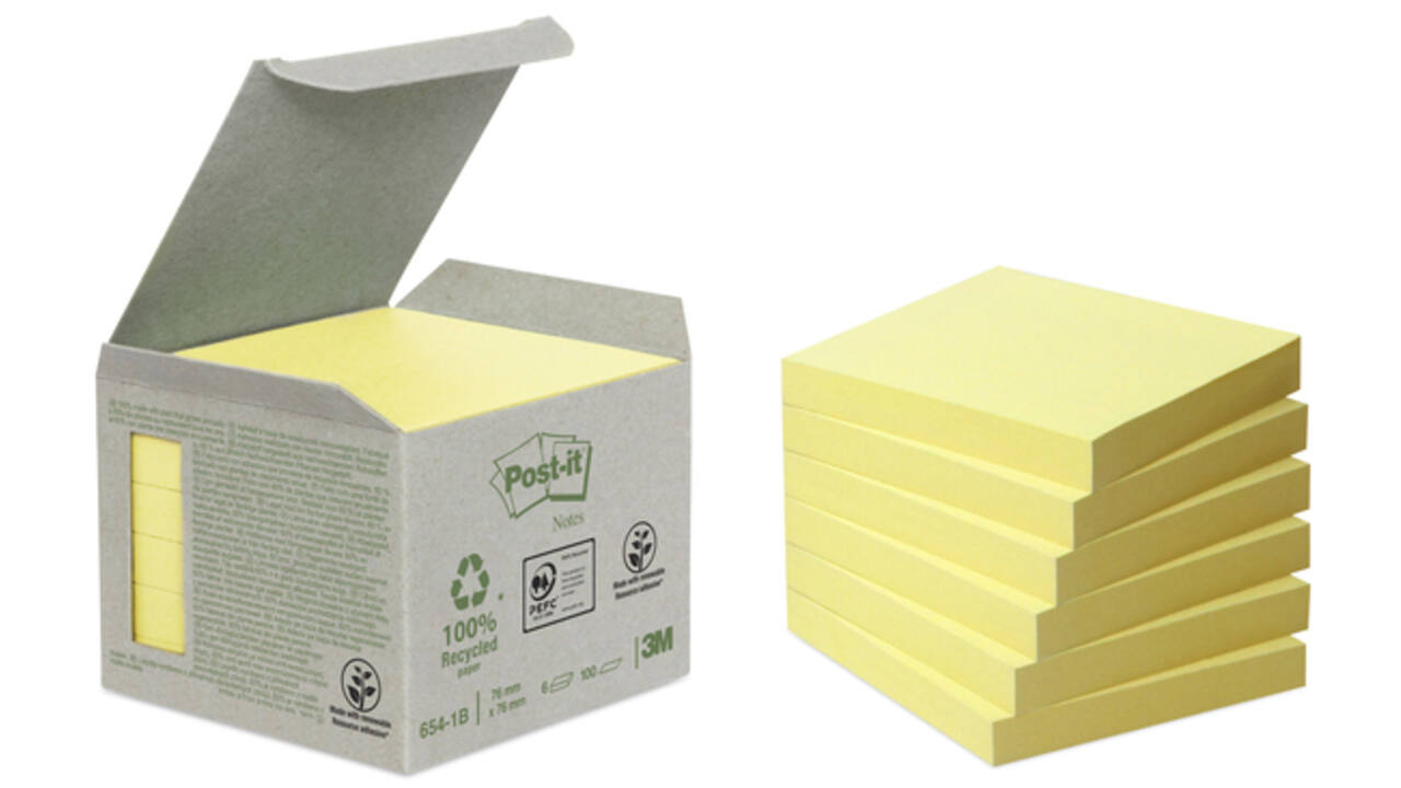Memoblok Post-it 654-1B 76x76mm recycled geel