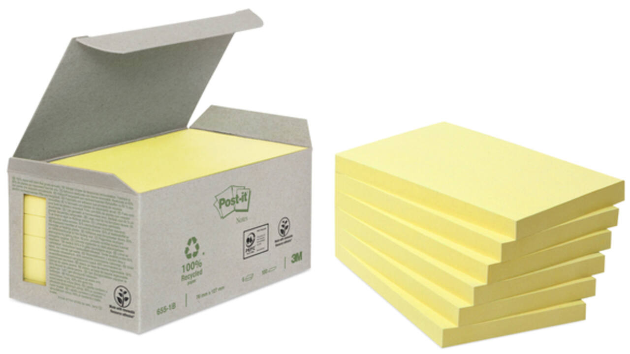 Memoblok Post-it 655-1B recycled 76x127mm canary yellow