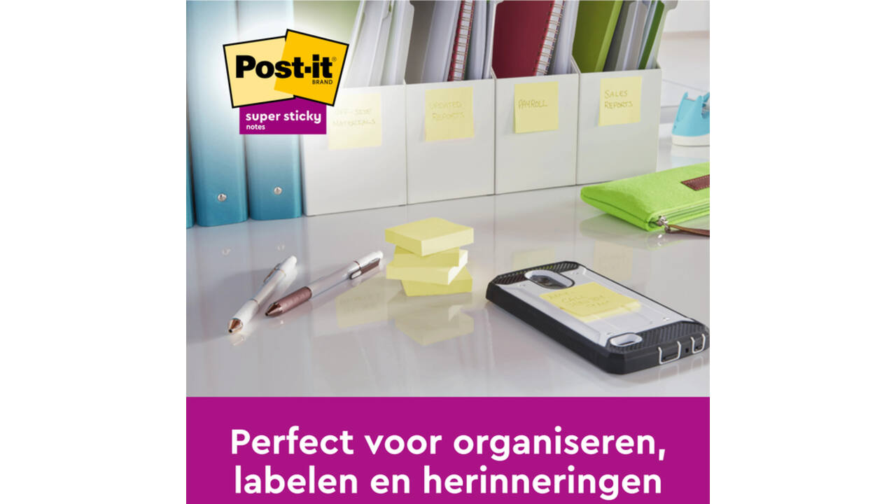 Memoblok Post-it 654 Super Sticky 76x76mm geel 14+2 gratis