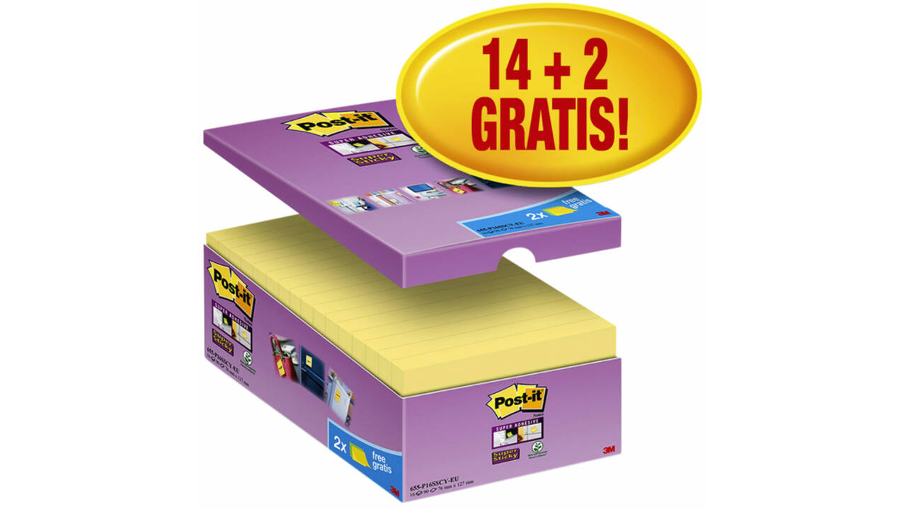 Memoblok Post-it 655 Super Sticky 76x127mm geel 14+2 gratis