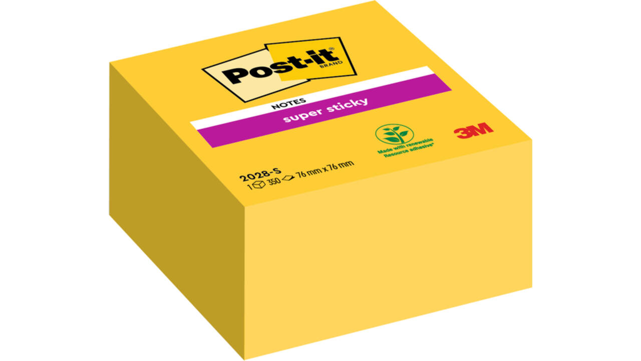 Memoblok Post-it 2028 Super Sticky 76x76mm kubus neon geel